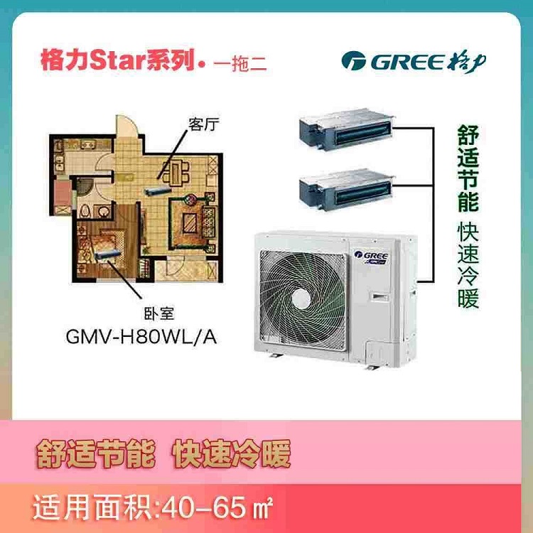 star系列格力家用中央空调一拖二H80WL/A多联机,适用面积40至65平方米，舒适节能，快速冷暖