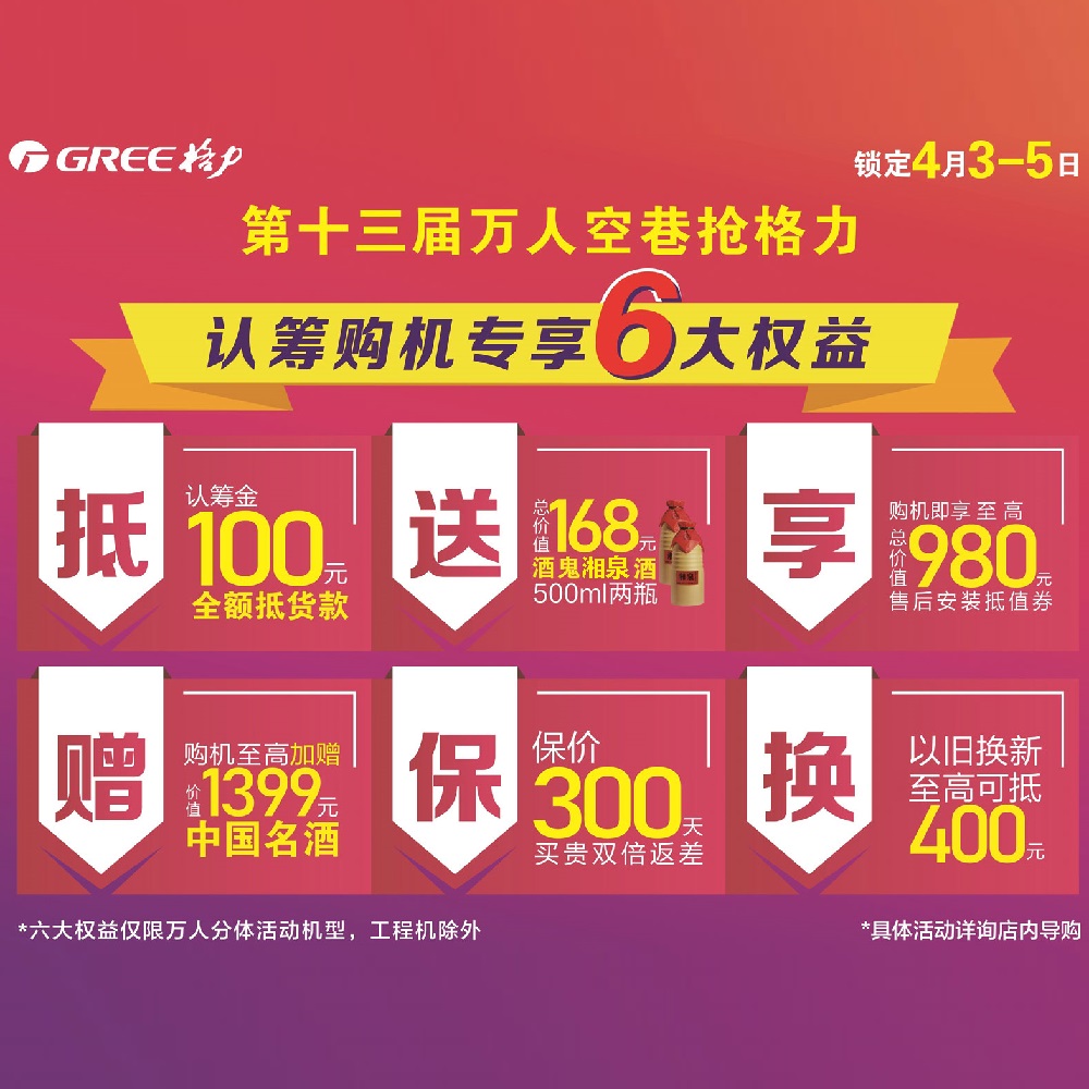 第十三届万人空巷抢格力认筹购机专享6大权益：1.认筹金100元全额抵货款；2.购机最高加赠价值1399元中国名酒；3.送价值168元中粮酒鬼酒500ml两瓶；4.保价300天买贵双倍返差价；5.购机即享至高总价值980元售后安装抵值券；6.以旧换新至高可抵400元