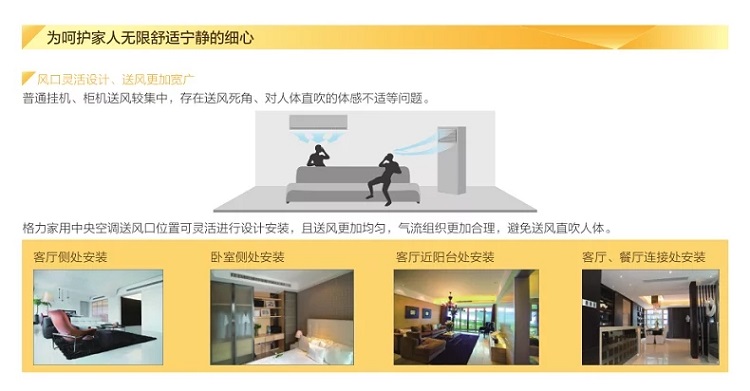 为呵护家人无限舒适宁静的细心送风口位置可灵活进行设计安装，自送风更加均匀，气流组织更加合理，避免送风直吹人体
