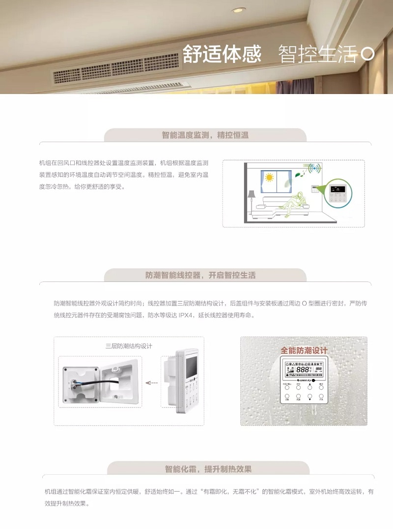 舒适体感智控生活，智能温度监测，精控恒温，防潮智能线控器，开启智控生活，智能化霜，提升制热效果