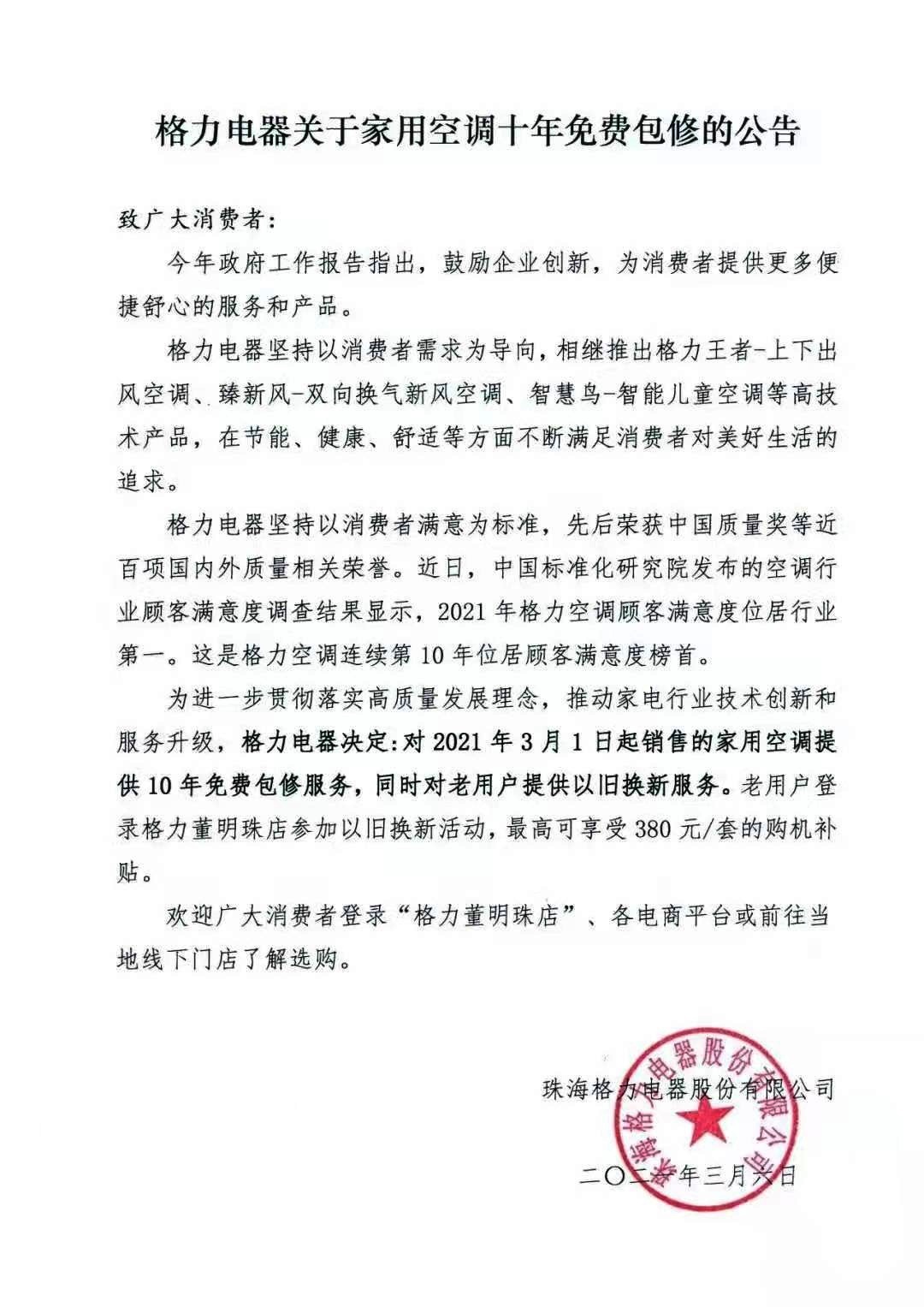 格力电器关于家用空调十年免费包修的公告 致广大消费者：今年政府工作报告指出，鼓励企业创新，为消费者提供更多便捷舒心的服务和产品。格力电器坚持以消费者需求为导向，相继推出格力王者-上下出风空调、臻新风-双向换气新风空调、智慧鸟-智能儿童空调等高技术产品，在节能、健康、舒适等方面不断满足消费者对美好生活的追求。格力电器坚持以消费者满意为标准，先后荣获中国质量奖等近百项国内外质量相关荣誉。近日，中国标准化研究院发布的空调行业顾客满意度调查结果显示，2021年格力空调顾客满意度位居行业第一。这是格力空调连续第10年位居顾客满意度榜首。为进一步贯彻落实高质量发展理念，推动家电行业技术创新和服务升级，格力电器决定:对2021年3月1日起销售的家用空调提供10年免费包修服务，同时对老用户提供以旧换新服务。老用户登录格力董明珠店参加以旧换新活动，最高可享受380元/套的购机补贴。欢迎广大消费者登录“格力董明珠店”、各电商平台或前往当地线下门店了解选购。  珠海格力电器股份有限公司二〇二一年三月六日