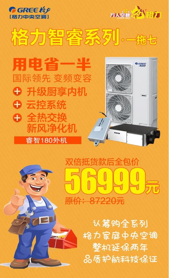 格力智睿系列一拖七，用电省一半，升级厨享内机 ，云控系统，全热交换新风净化机，智睿180外机56999元全包到家