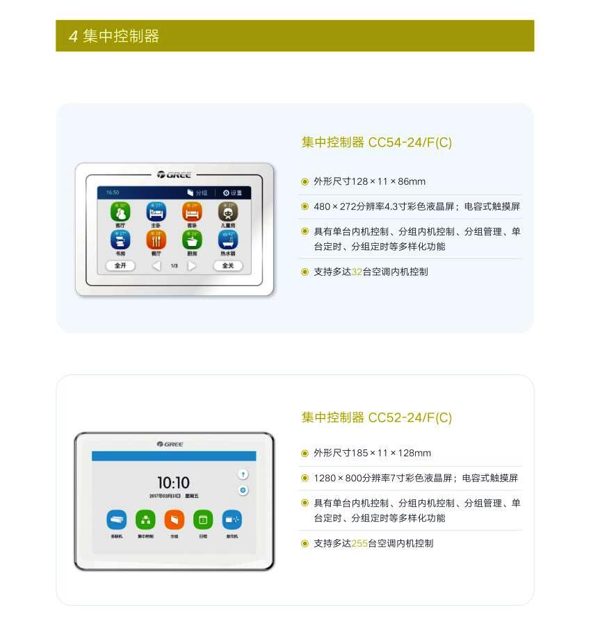 4.集中控制器CC54-24/F(C)外形尺寸128X11X86mm; 480X272分辨率4.3彩色液晶屏；电容式触摸屏；具有单台内机控制，分组内机控制、分组管理、单台定时、分组定时等多样化功能；支持多达32台空调内机控制。集中控制器CC52-24/F(C)外形尺寸185X11X128mm; 1280X800分辨率7寸彩色液晶屏;电容式触摸屏;具有单台内机控制，分组内机控制、分组管理、单台定时、分组定时等多样化功能;支持多达255台空调内机控制