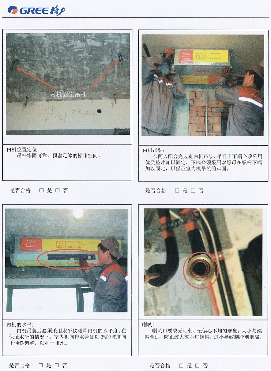 内机位置定位：吊杆牢固可靠，预留足够的操作空间。内机吊装：须两人配合完成室内机吊装，吊杆上下端必须采用优质垫片加以固定，下端必须采用双螺母在螺杆下端加以固定，以保证室内机吊装的牢固。内机的水平：内机吊装后必须采用水平仪测量内机的水平度。在保证水平的情况下，室内机向排水管侧以3%的坡度向下倾斜调整，以利于排水。喇叭口：喇叭口要求无毛刺、无偏心不均匀现象，大小与螺帽合适，防止过大放不进螺帽，过小导致制冷剂泄漏。