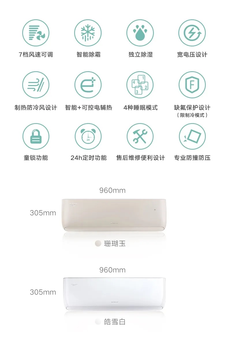 7档风速可调；智能除霜；独立除湿；宽电压设计；制热防冷风设计；智能+可控电辅热；4种睡眠模式；缺氟保护设计（限制冷模式）；童锁功能；24h定时功能；售后维修便利设计；专业防撞防压；珊瑚玉和皓雪白两个款式