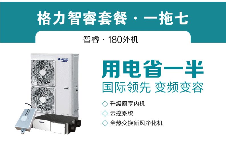 智睿系列格力家用中央空调一拖七180外机套餐，用电省一半，国际领先变频变容，升级厨享内机 ；云控系统；全热交换新风净化机