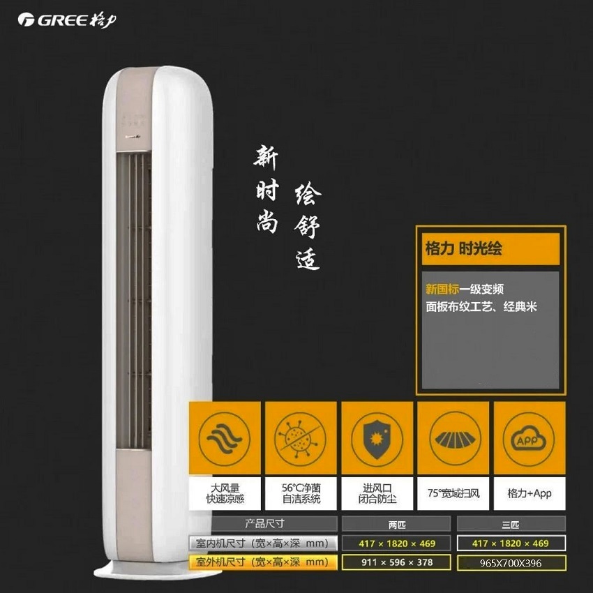 新时尚，绘舒适，新国标一级变频，面板面纹工艺，经典米，大风量同，快速凉感，56℃净菌自洁系统，进风口闭合防尘，75°宽域扫风，格力+APP
