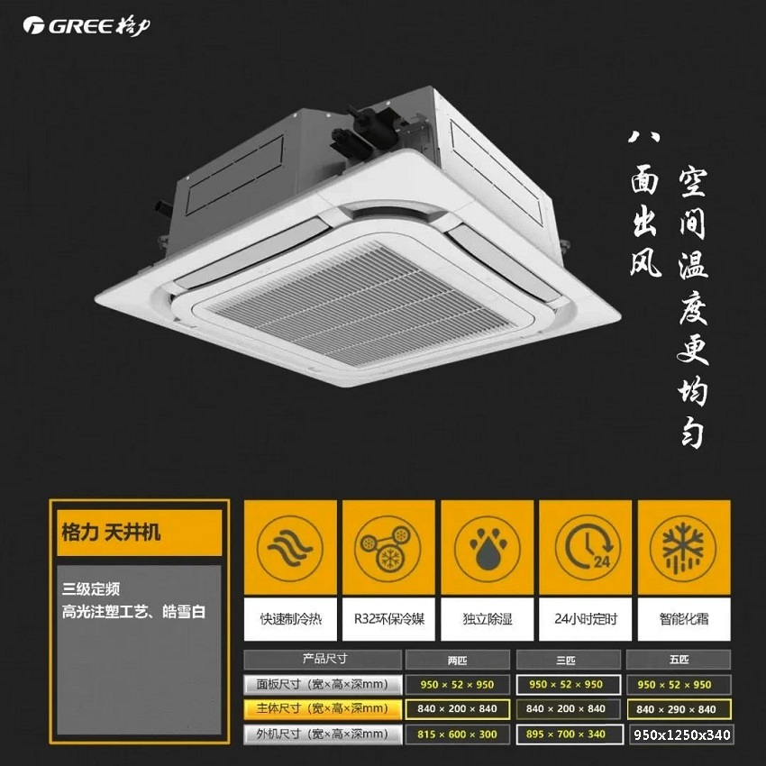 格力天井机八面出风，空间温度更均匀，高光注塑工艺，皓雪白，快速制冷热，R32环保冷媒，独立除湿，24小时定时，智能化霜