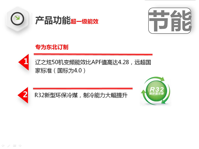 辽之炫柜式分体空调50机变频能效比APF值高达4.28，远超国家标准（国标为4.0）；R32新型环保冷媒，制冷能力大幅提升