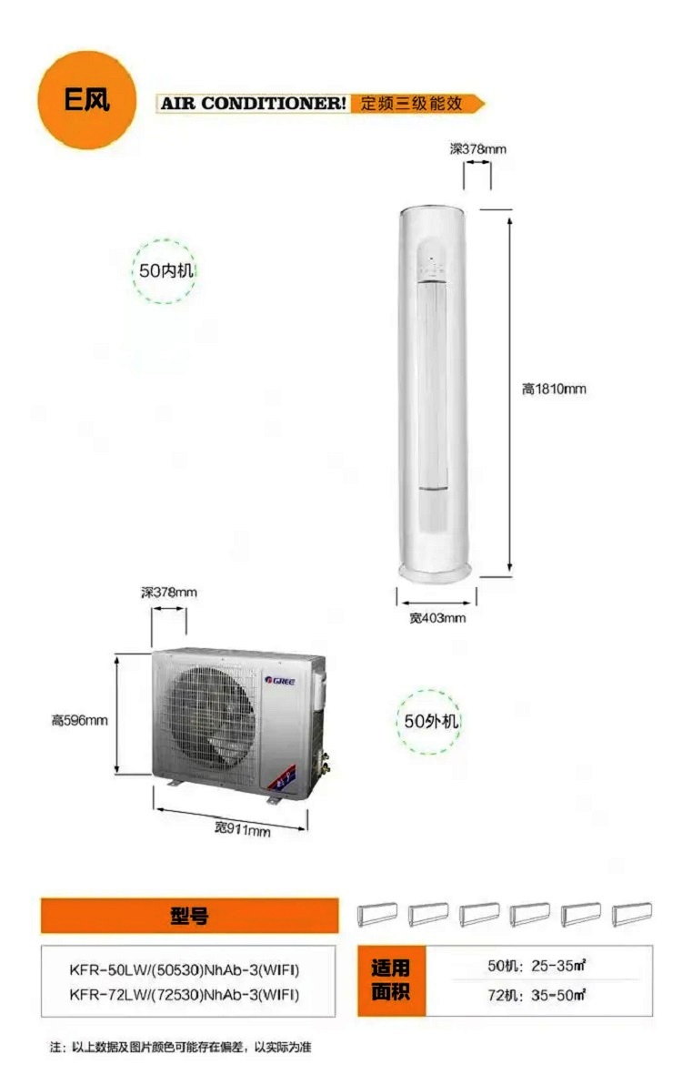 格力E风家用分体空调适用面积50机适用25-35平方米，72机适用36至50平方米