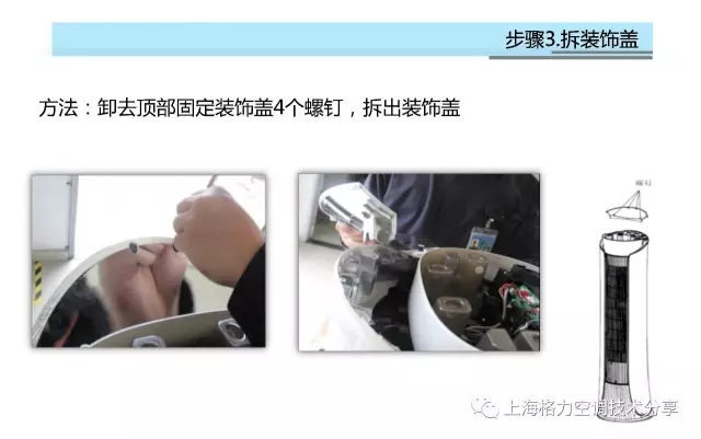 拆装饰盖方法：卸去顶部固定装饰盖4个螺钉，拆出装饰盖