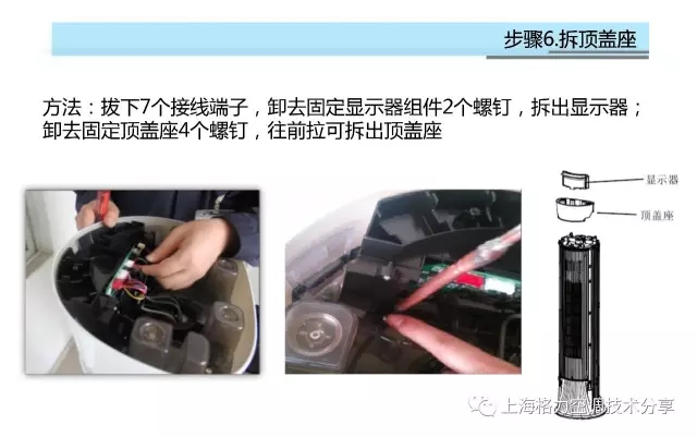 拆顶盖座方法：拔下7个接线端子，卸去固定显示器组件2个螺钉，拆出显示器；卸去固定顶盖座4个螺钉，往前拉可拆出顶盖座