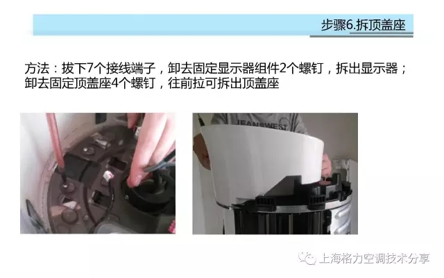 拆顶盖座：拔下7个接线端子，卸去固定显示器组件2个螺钉，拆出显示器；卸去固定顶盖座4个螺钉，往前拉可拆出顶盖座