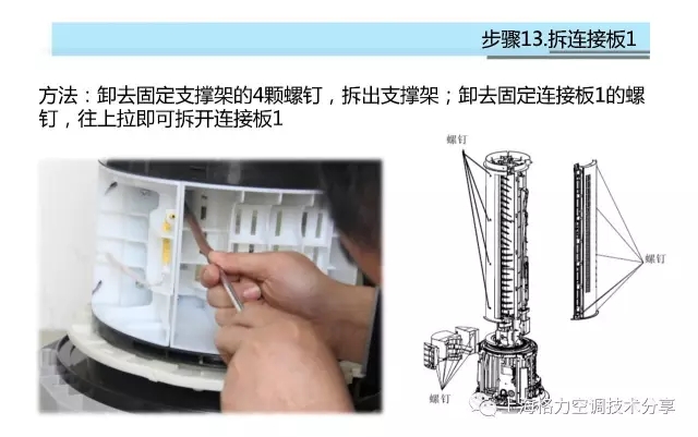 拆连接板：卸去固定支撑架的4颗螺钉，拆出支撑架；卸去固定连接板1的螺钉，往上拉即可拆开连接板1