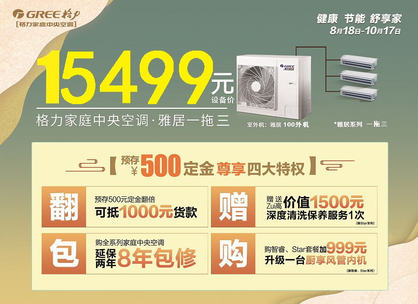 2021年格力家用中央空调秋季家装节，定金500元可翻倍抵1000元，整机8年免费包修，开启家居新时尚，省钱送到家啊，并享定金翻倍抵货款,8年包修，赠送深度清洗保养服务一次的超值特惠权益